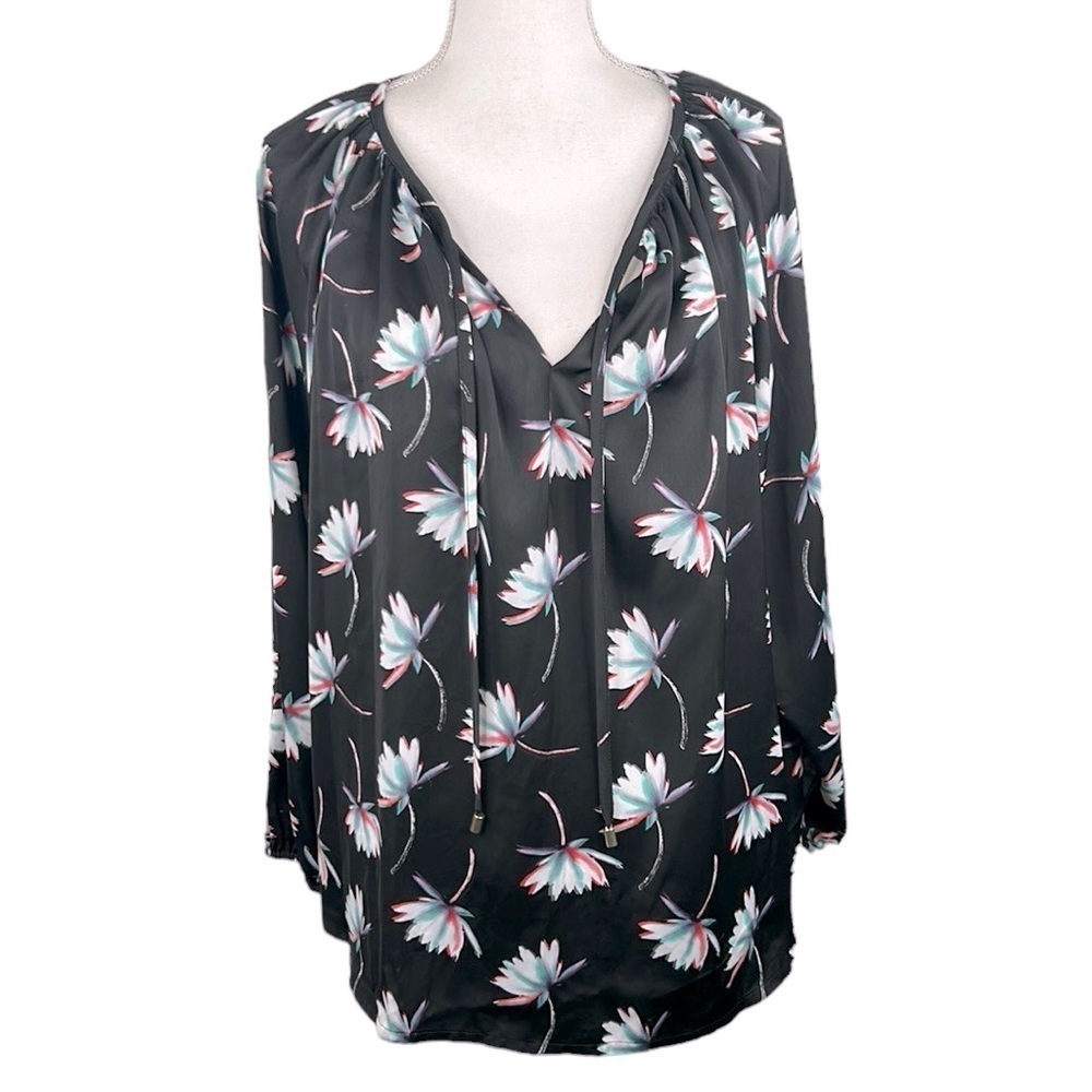 Jaclyn Smith Black Floral Boho V-Neck Long Sleeve Top Size XL